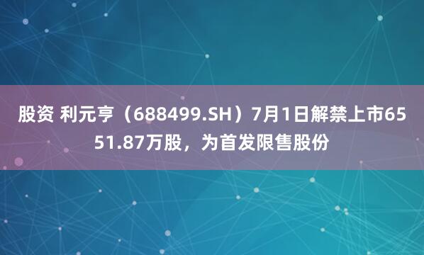 股资 利元亨（688499.SH）7月1日解禁上市6551.87万股，为首发限售股份